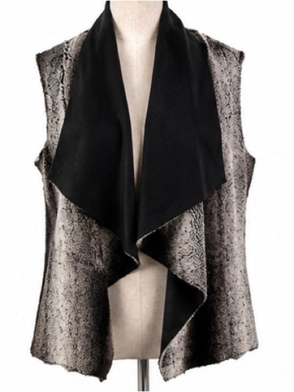 Open Front Draped Vest in Black and Taupe Snake Print